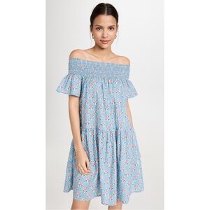NEW Marea Blue Floral Louise Shortie Off The Shoulder Smocked Dress Size Small